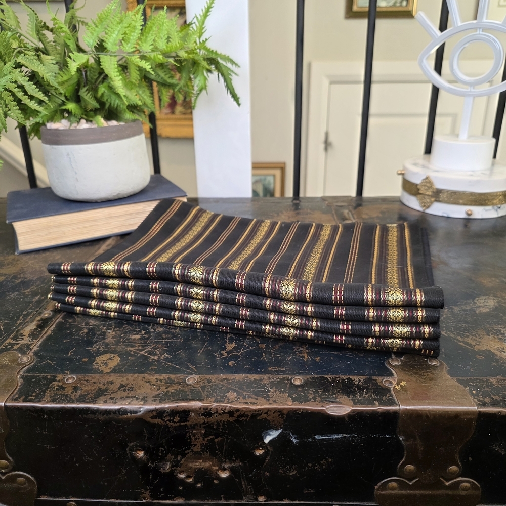 Set of 5 Vintage Brocade Placemats Black Gold Red Stripe Woven Table Linens